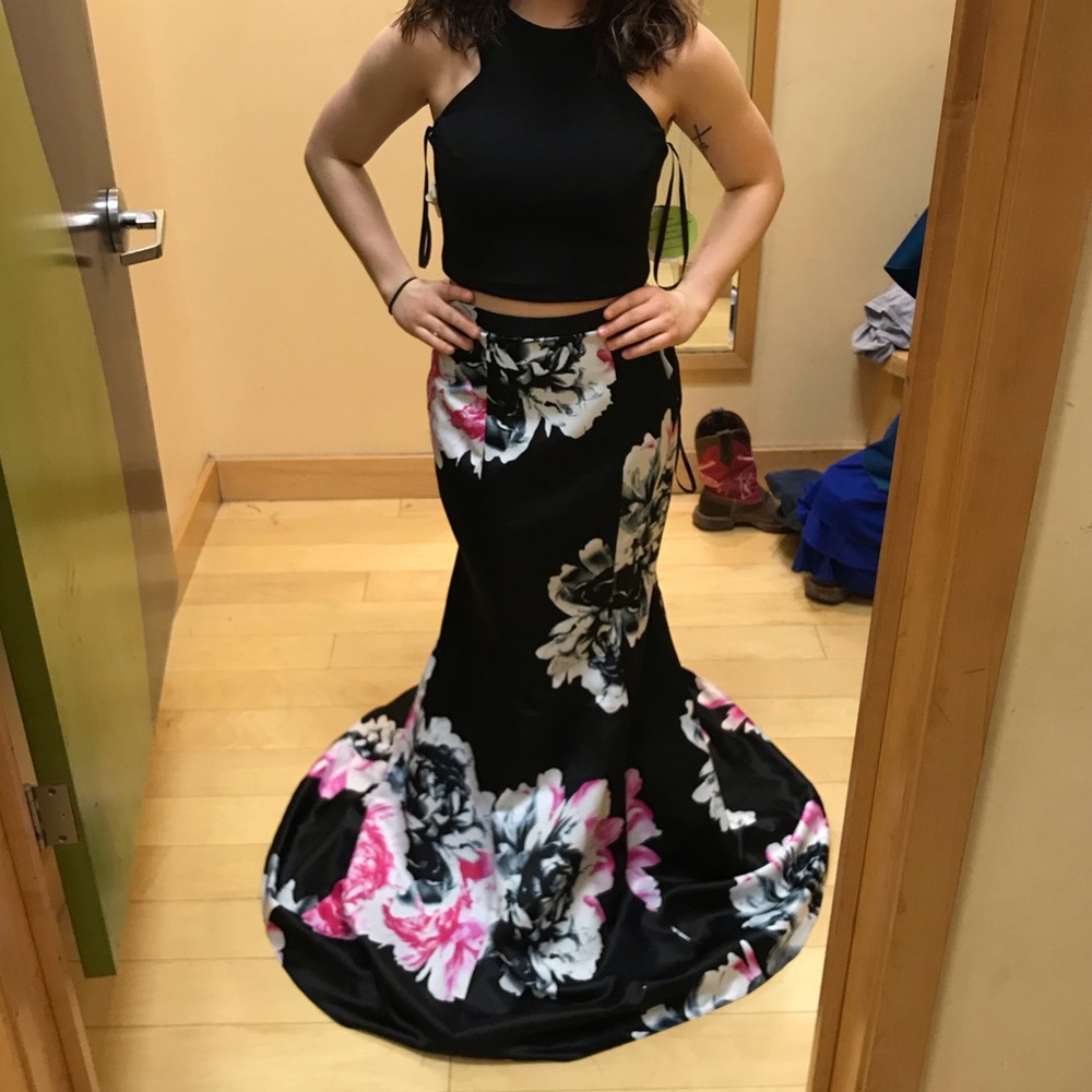 Black and floral two piece prom dress